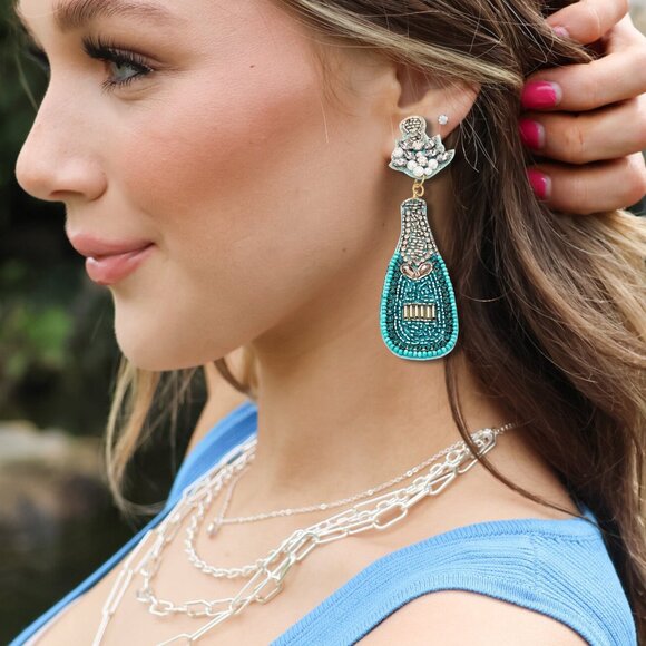 Crystal & Glass Beaded Turquoise Champagne Bottle Earrings NEW - Picture 3 of 4